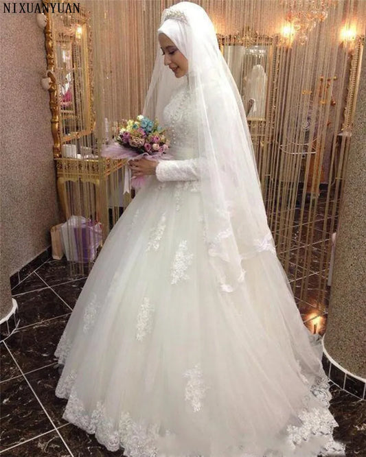 Arabska suknia ślubna Islamska muzułmańska suknia ślubna z długim rękawem Arabska suknia balowa koronkowa suknia ślubna Hidżab 2021
