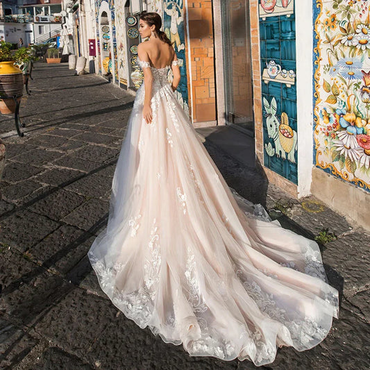 Gaun Pengantin Illusion Tulle dengan Lace Appliques Sexy off the Shoulder A-Line Summer Dress Vestido de Noiva