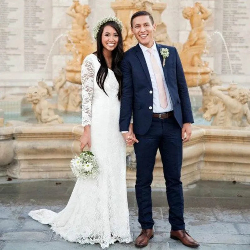 Bohemian Wedding Dress V-Neck Lace Beach Wedding Dresses Plus Size Long Sleeve Boho Bridal Gown Vestido De Noiva De Renda 14w