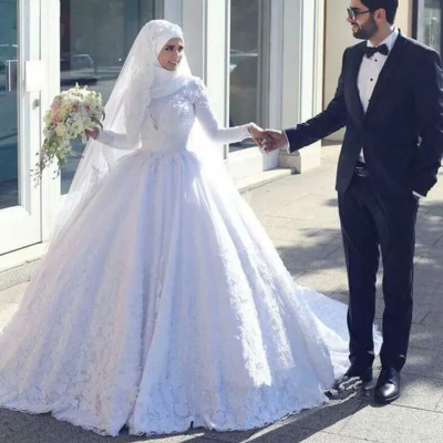 Saudi Arabia Turkey Muslim Wedding Dresses Long Sleeve Lace Ball Gown Wedding Gown Bridal Dress Vestido De Noiva