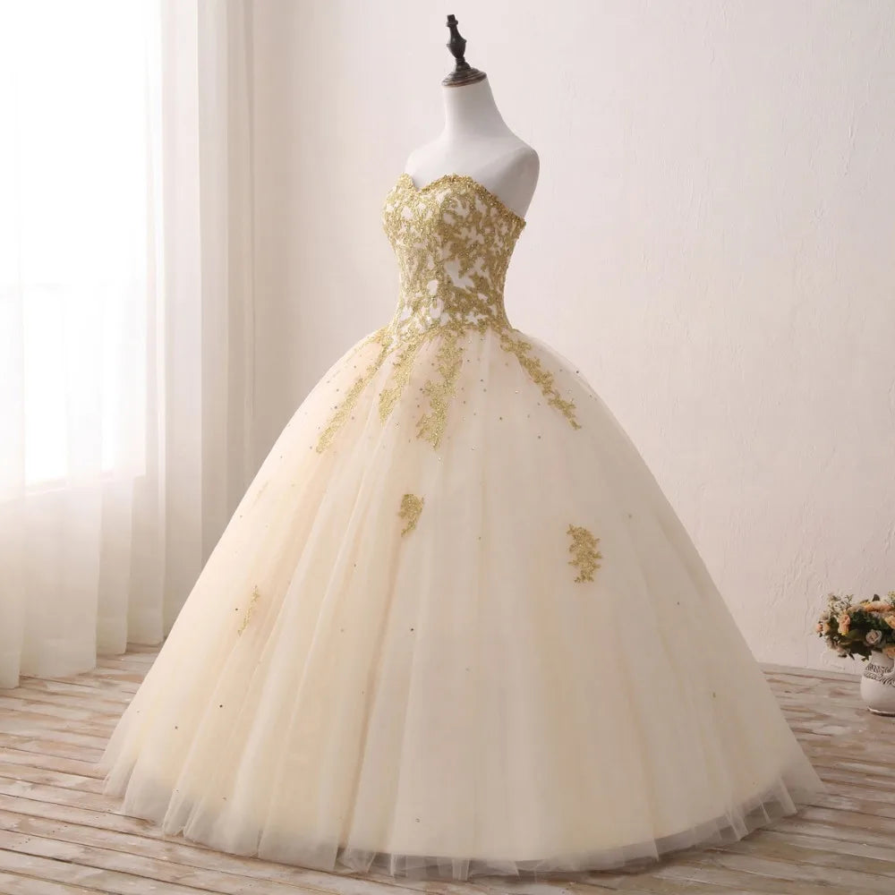 Gold Quinceanera Dresses Lace Appliques Beaded Ball Gown Sweet Strapless Vestidos de 15 Anos Envio Gratis Vestido De Princesa