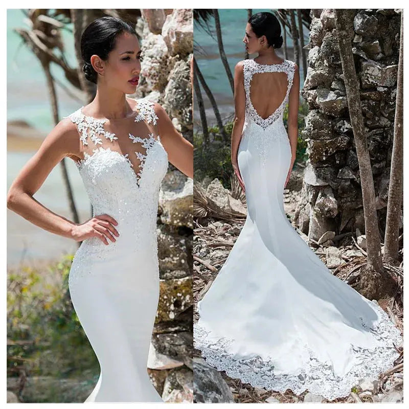 Sexy Mermaid Wedding Dress Sleeveless Lace Appliqued Illusion Back Boho Wedding Gown Long Train Bride Dress Ivory 14w Boho