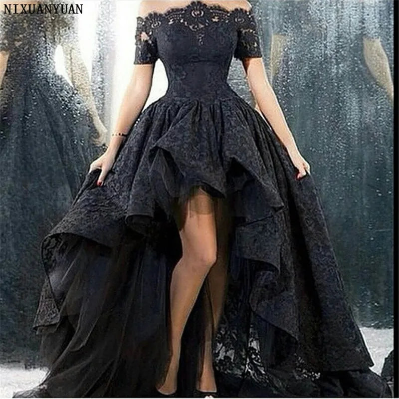 Wedding Dress Short Front Long Back Strapless A-line Floor Length Black Lace Wedding Gown