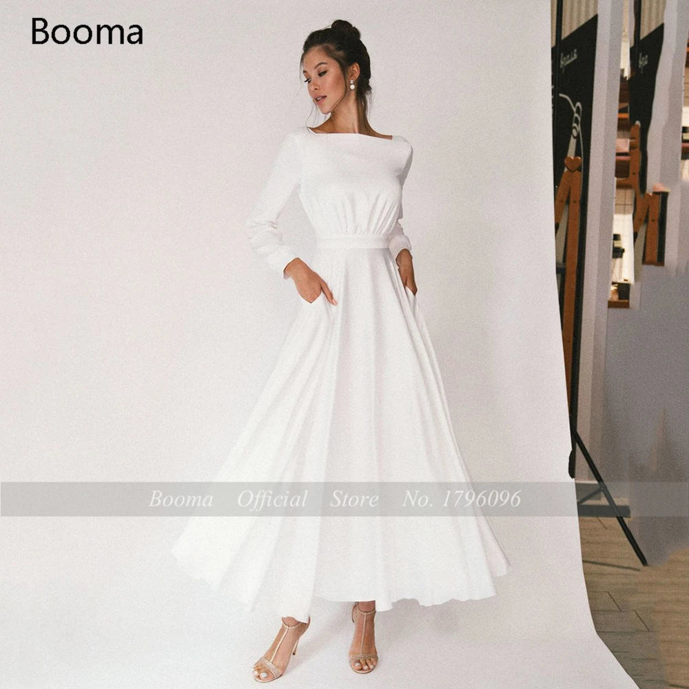 Simple Square Short Wedding Dresses Long Sleeves Ankle-Length A-Line Bride Dresses Pleated Wedding Gowns with Pockets