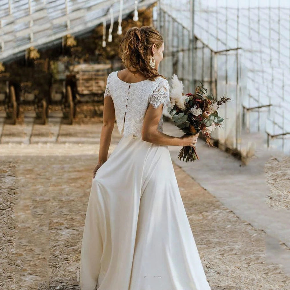 Vestidos de noiva de duas peças boêmios de renda de renda de manga curta vestido de noiva jóia vestido de noiva de praia vestidos de novia