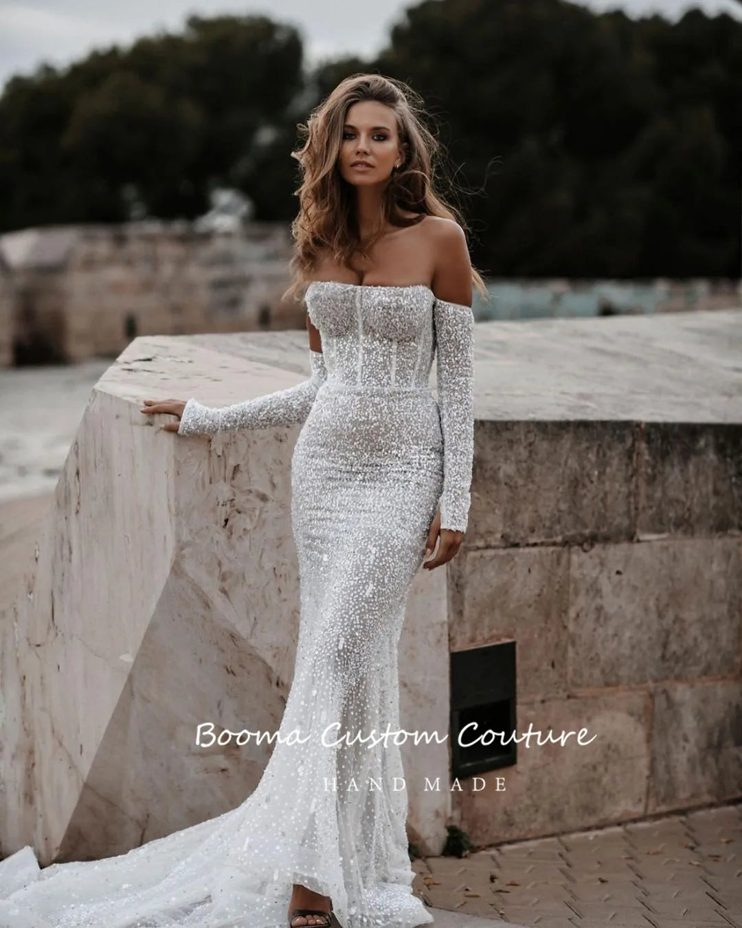 Strapless Sequin Lace Mermaid Wedding Dresses Off Shoulder Long Sleeves Beaded Trumpet Bridal Gowns Open Back Bride Dress