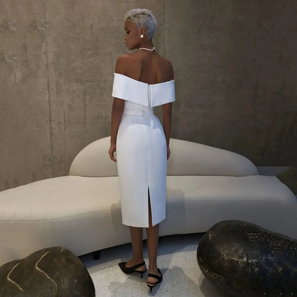 Simple White Knee Length Sheath Satin Wedding Dress Off The Shoulder V Neck Bridal Gown Short Sleeves Brides Dress Vestido De 14w