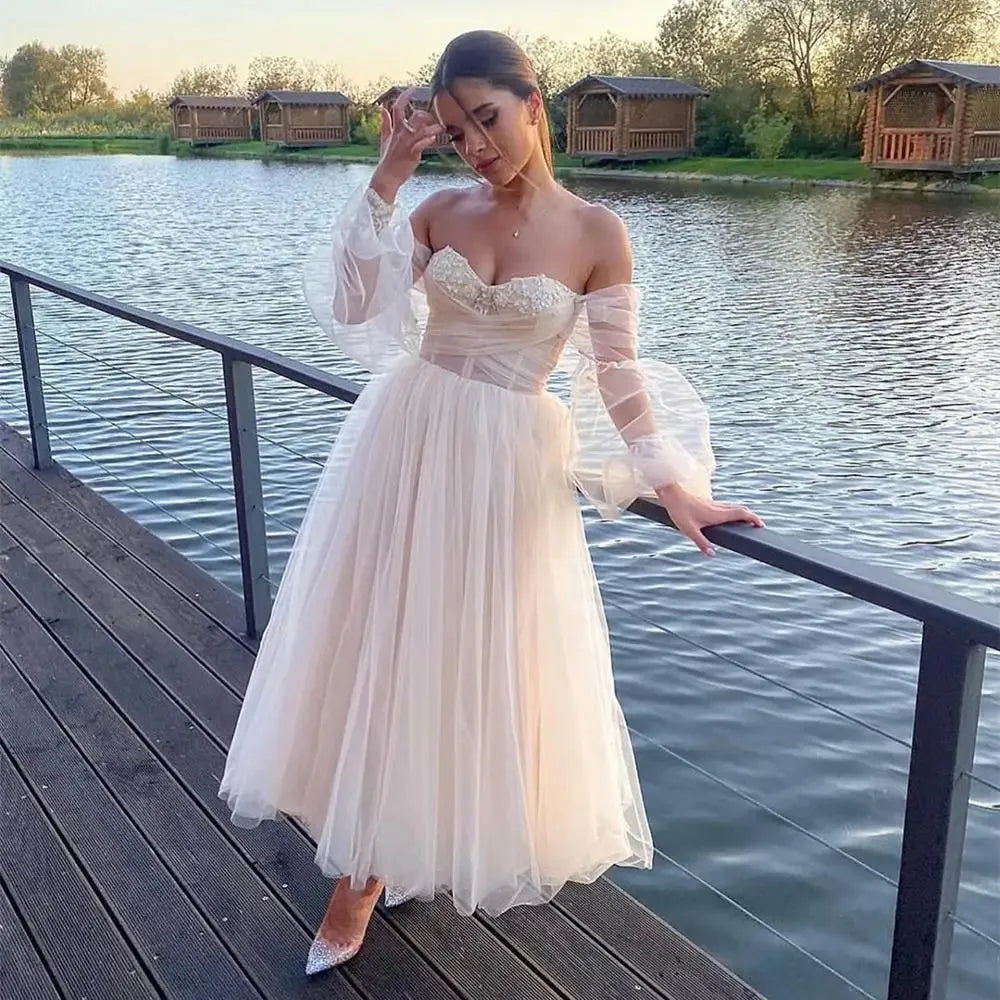 Short Champagne Wedding Dress Sweetheart Appliques Puff Sleeve A-Line Tulle Party Dress Ankle Length Robe De Fête For Women Ivory 20w