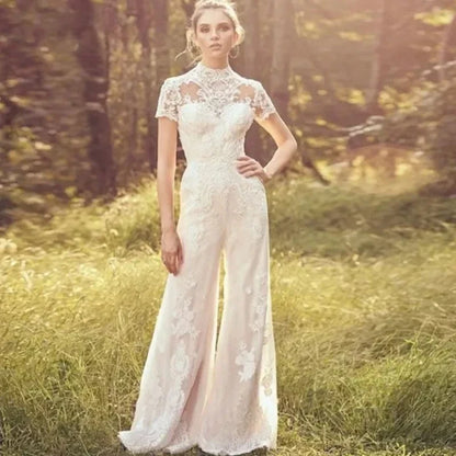 Gaun pengantin jumpsuit elegan untuk wanita renda applique lengan pendek o-neck vestidos de novia ilusi kembali gaun pengantin