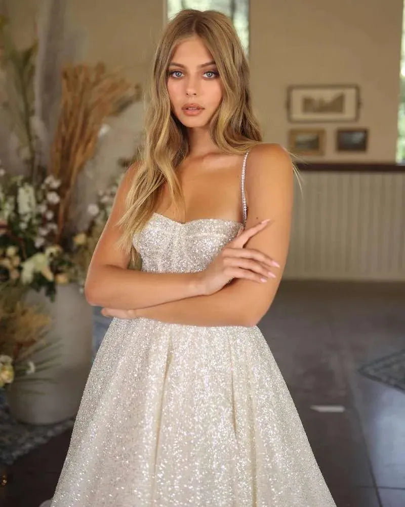 Shiny Wedding Dresses Boho Sweetheart Sequin Spaghetti Strap A-Line Princess Wedding Bridal Gown suknia slubna