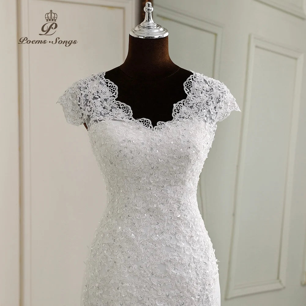 Eleganckie sukienki syrena sukienka ślubna rękawy w stylu koronkowe aplikacje mostowe suknie ślubne nowoczesne vestidos de noiva biała elegancka sukienka
