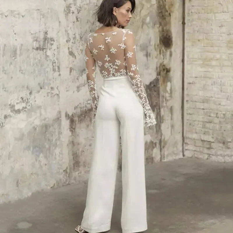 Wedding Pants Dress Sets Open Back Sexy V-Neck Top Lace Appliques Long Sleeves Illusion Jumpsuit Gown Formal Bridal Outfit White