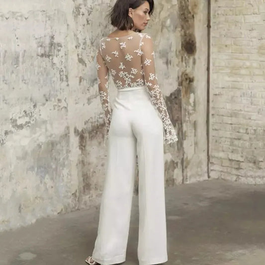 Wedding Pants Dress Sets Open Back Sexy V-Neck Top Lace Appliques Long Sleeves Illusion Jumpsuit Gown Formal Bridal Outfit