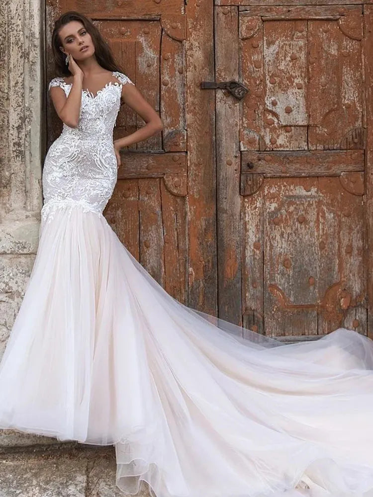 Cap Sleeve Lace Wedding Dresses Mermaid Appliques Sequins Marriage Bridal Gowns Court Train Plus Size illusion WHITE