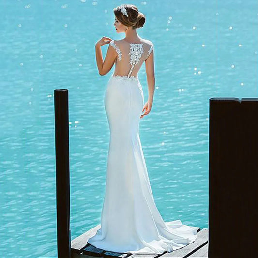 Geliebt V Hals Meerjungfrau Hochzeitskleid mit Ärmeln transparent Rücken Spitze Boho Brautkleid Hochzeitskleider Vestidos de Novia