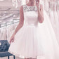 Gaun pengantin pendek renda lembut tulle lutut pantai boho gaun pengantin putih gaun menari pesta dengan sabuk