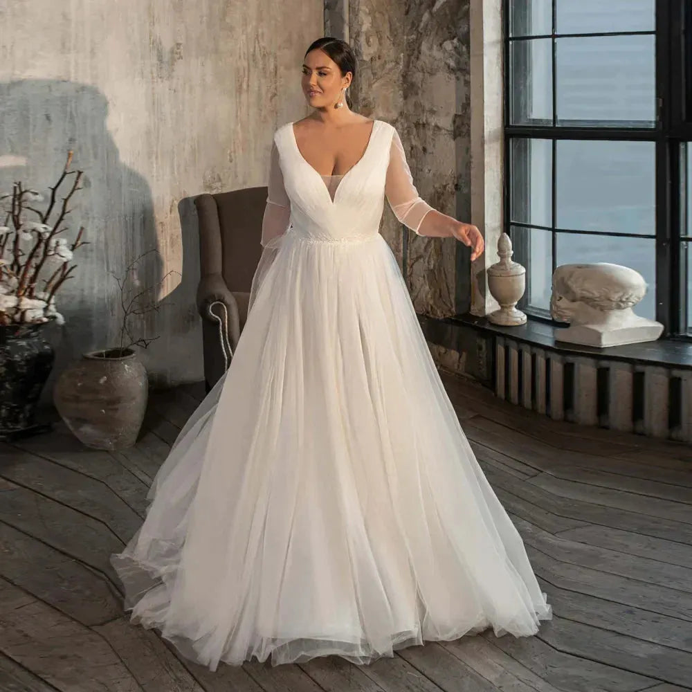 Elegant Simple Wedding Dresses Plus Size Women V Neck Long Sleeves Pleats Beach Bridal Gowns Appliqued Tulle Vestidos De Novia Plus Size