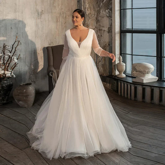 Eleganti abiti da sposa semplici da sposa più dimensioni Donne V Neck Maniche lunghe Piece da sposa da sposa Abiti da sposa Applicati Tulle Vestidos de noni