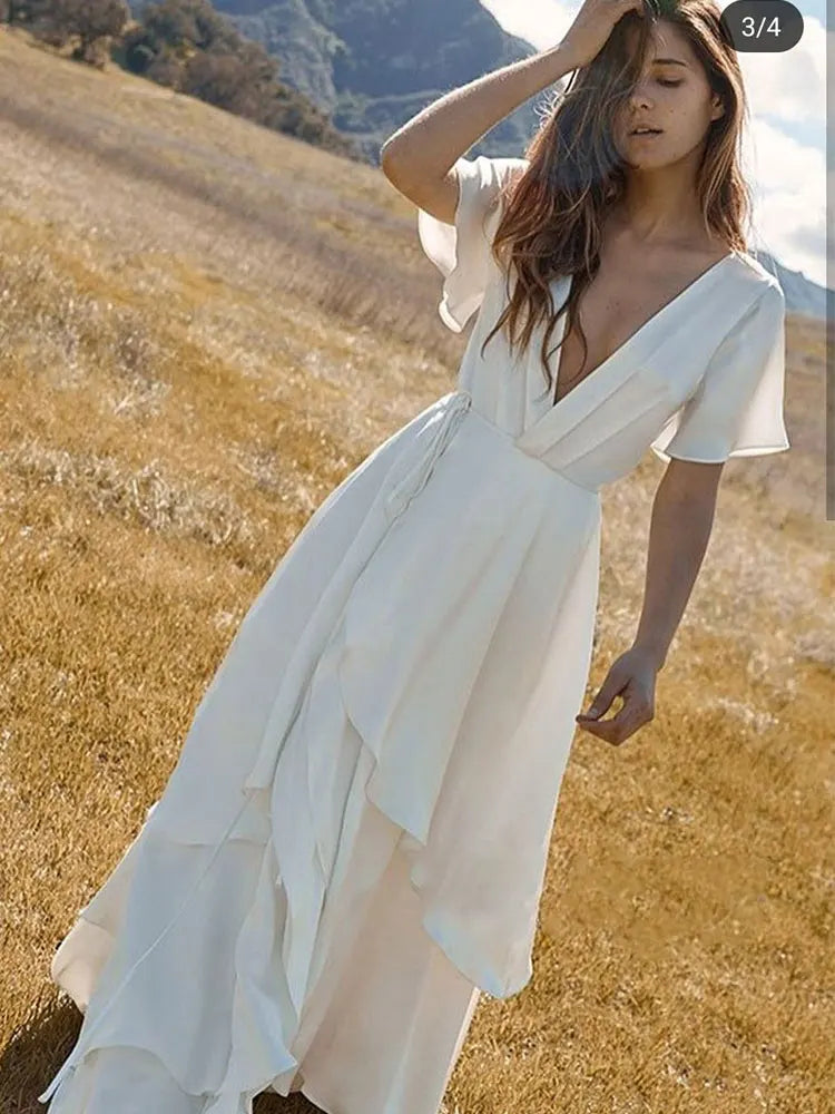 Vestidos De Novia Vintage con cuello en V, Vestido De Novia escalonado hasta el té, Vestido sencillo De Novia, Vestido De fiesta hecho a medida para mujer