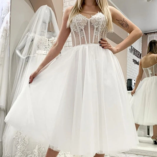 Short Wedding Dress Corset Top Lace Appliques Bridal Gown Organza Tulle Custom Made Robe De Mariee Charming New Women