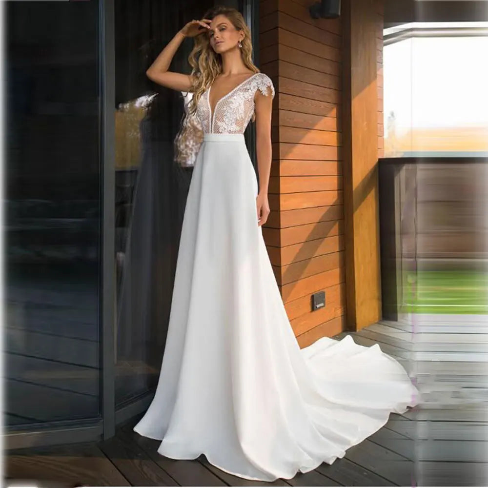 Elegant Boho Wedding Dress A Line Summer Chiffon Lace Bridal Gown Sexy Deep V Neck Backless Vintage Robe De Mariee Custom Made