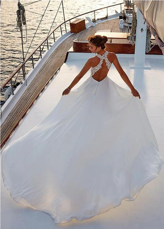 שמלות כלה של חוף סאטן חוף האפליקציות תחרה צוואר חריץ סקסיות חריץ אלגנטי שמלות כלה חתונה