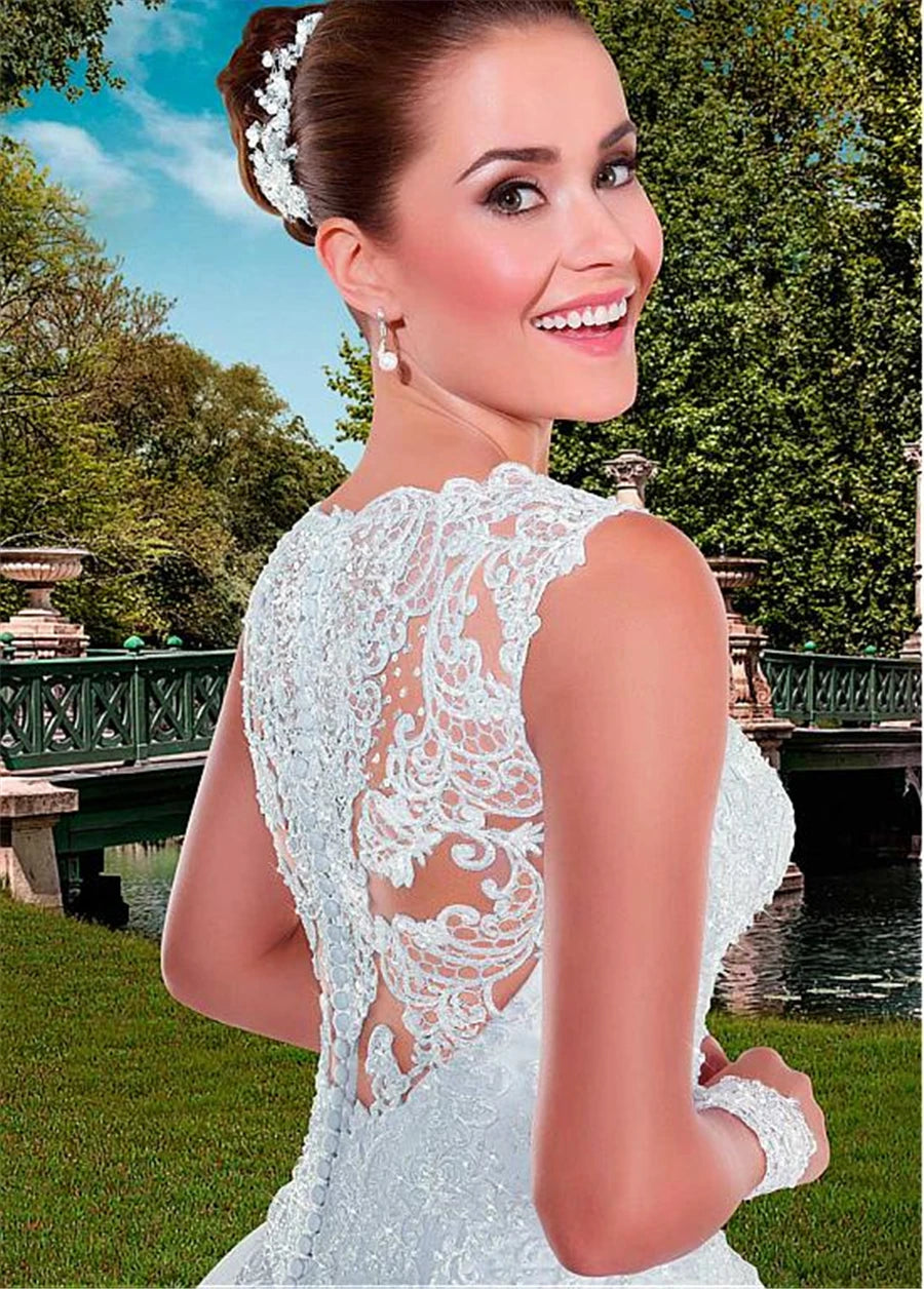 Marvelous Tulle V-neck Neckline A-line Wedding Dresses with Beaded Lace Appliques vestido de noiva Bridal Gowns