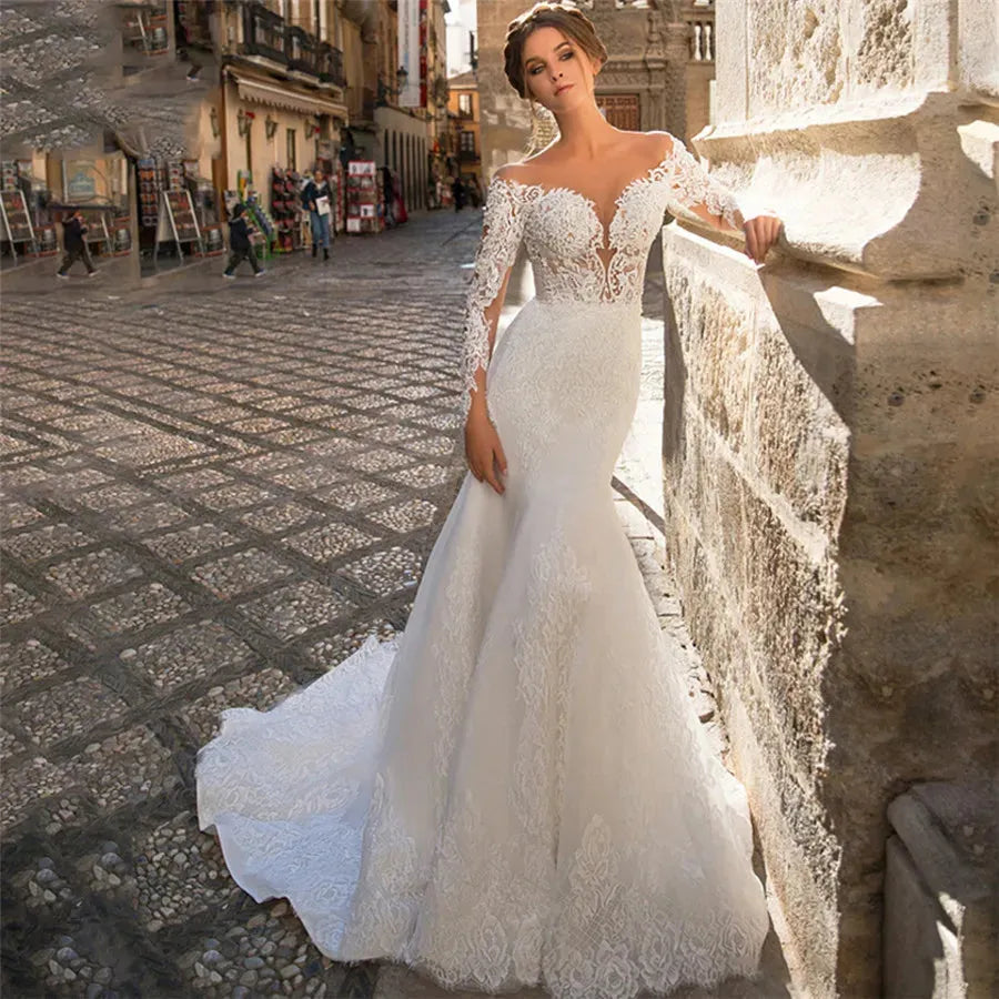 Sheer Scoop Long Sleeves Mermaid Wedding Dreses Bridal Gowns Designer Slim Custom Made Bridal Gowns Formal Fishtail Robe Champagne 2