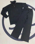 Casual Autumn Loose Knit Sweater Set Fashion Zip Lapel Long Sleeve Pullover Sweater & Straight Pants Two-piece Set black