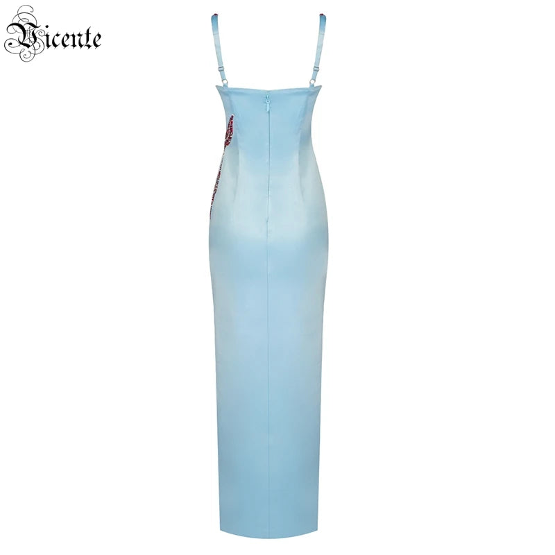 Sling Dress Sexy Starfish Pattern Diamond Design Split Fork Sleeveless Square Neck Strap Satin Grace Dinner Party Long Dress