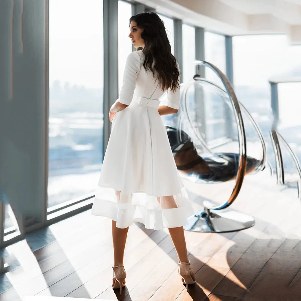 Simple Elegant Short Wedding Dress A-Line V-Neck Half Sleeves Satin Bridal Dress Zipper Back Brides Dress with Bow Custom Made 14w