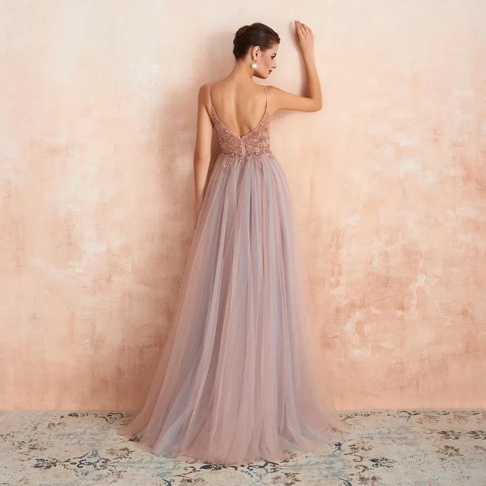 Clearance Stock Pink Beaded Prom Dresses Long Elegant See Through A Line Split Tulle V Neck Spaghetti Strap Evening Gown