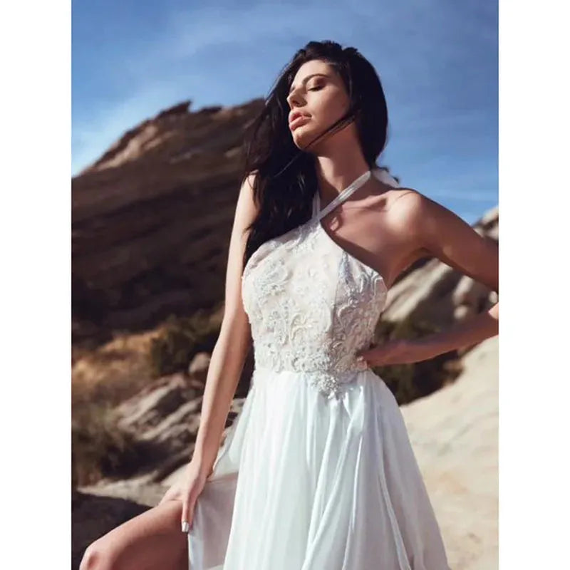 Beach Wedding Dress Sexy Halter Side Slit Bridal Dress Lace Appliques Simple Chiffon Boho Wedding Dress Vestido De Noiva White