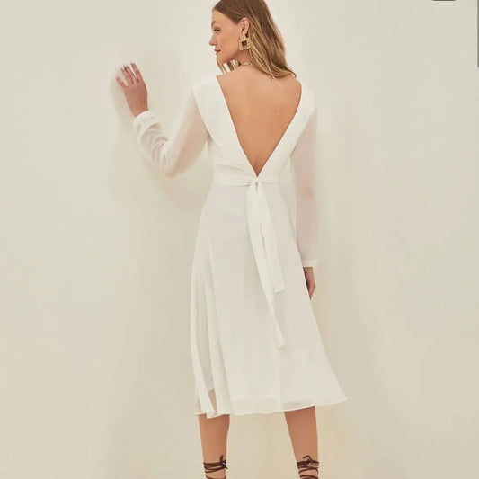 Robe de mariée courte d'été simple, manches longues, col rond, robe de plage, Sexy, dos nu, avec rubans, sur mesure, grande taille