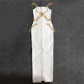 Runway Fashion Maxi Long Bandage Dress Open Fork Chains Strap Fashion Beading Bandage Dress Cocktail Party Bodycon Dresses WHITE