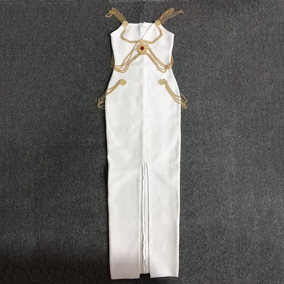 Runway Fashion Maxi Long Bandage Dress Open Fork Chains Strap Fashion Beading Bandage Dress Cocktail Party Bodycon Dresses WHITE