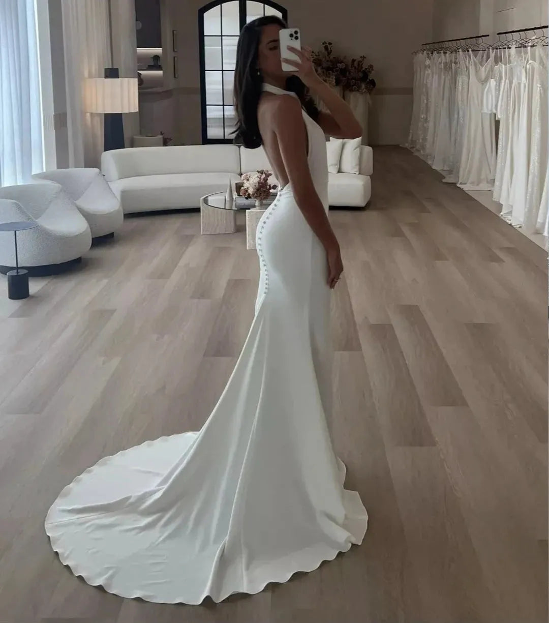 Generous Mermaid Wedding Dresses Halter Sleeveless Brides Dress for Women Backless Button Sweep Train Bridals Gowns Ivory
