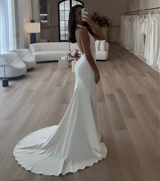 Generous Mermaid Wedding Dresses Halter Sleeveless Brides Dress for Women Backless Button Sweep Train Bridals Gowns