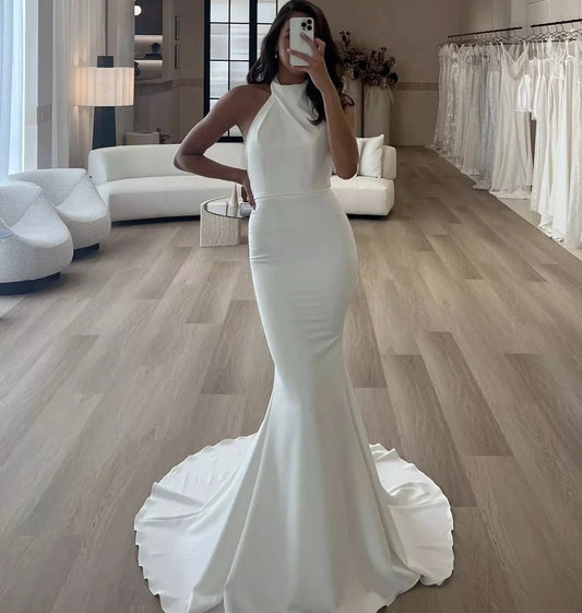 Generous Mermaid Wedding Dresses Halter Sleeveless Brides Dress for Women Backless Button Sweep Train Bridals Gowns