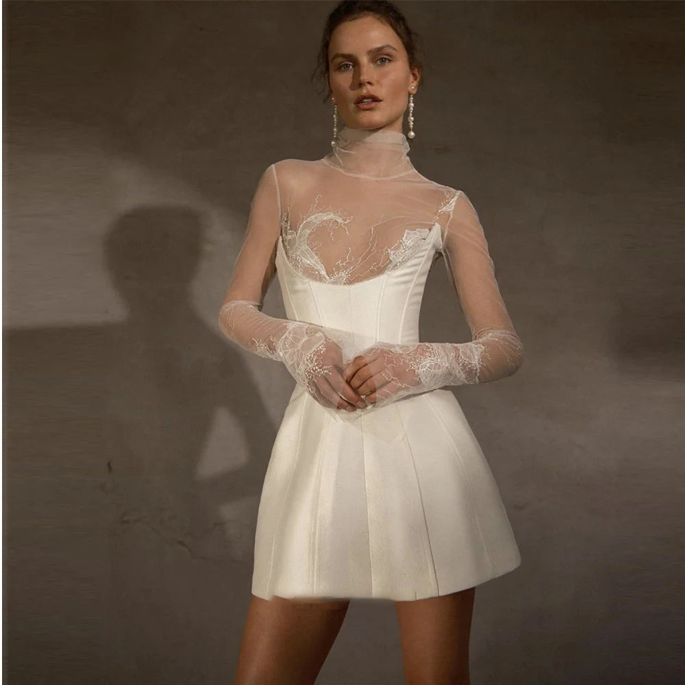 A-Line Mini Wedding Party Dresses Long Sleeves High Neck Brides Dresses Stain Lace Short Bridals Prom Gowns Cocktail Dress