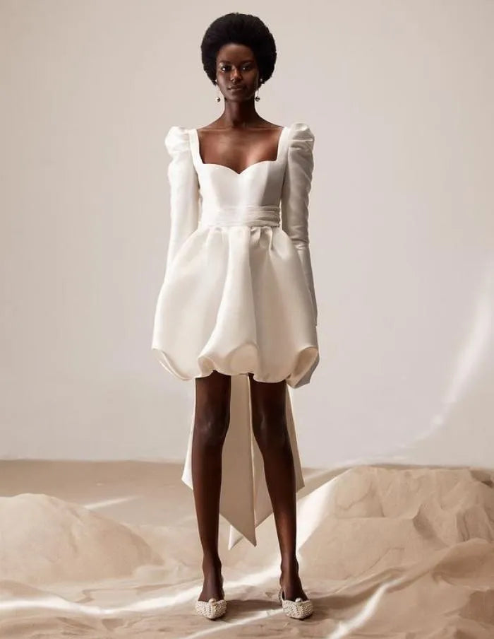 Short Wedding Dresses Sweetheart Long Sleeves Brides Gowns for WOmen Puff Skirt Big Bow Bridals Dress vestido blanco Ivory 26W