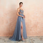 Clearance Stock Pink Beaded Prom Dresses Long Elegant See Through A Line Split Tulle V Neck Spaghetti Strap Evening Gown