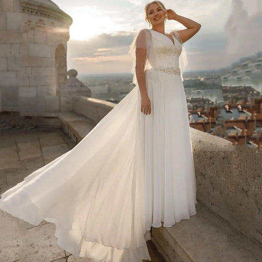 Gaun pengantin sifon ukuran plus boho lengan pendek v-neck a-line dengan sabuk ukuran besar custom dibuat gaun pengantin vestidos de novia