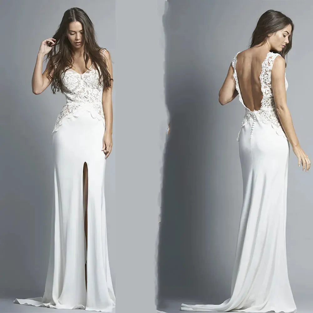 Elegant Backless Wedding Dresses High Split Lace Applique Beach Sheath Bridal Gowns Sweep Train Custom Made Robe De Mariee 14w