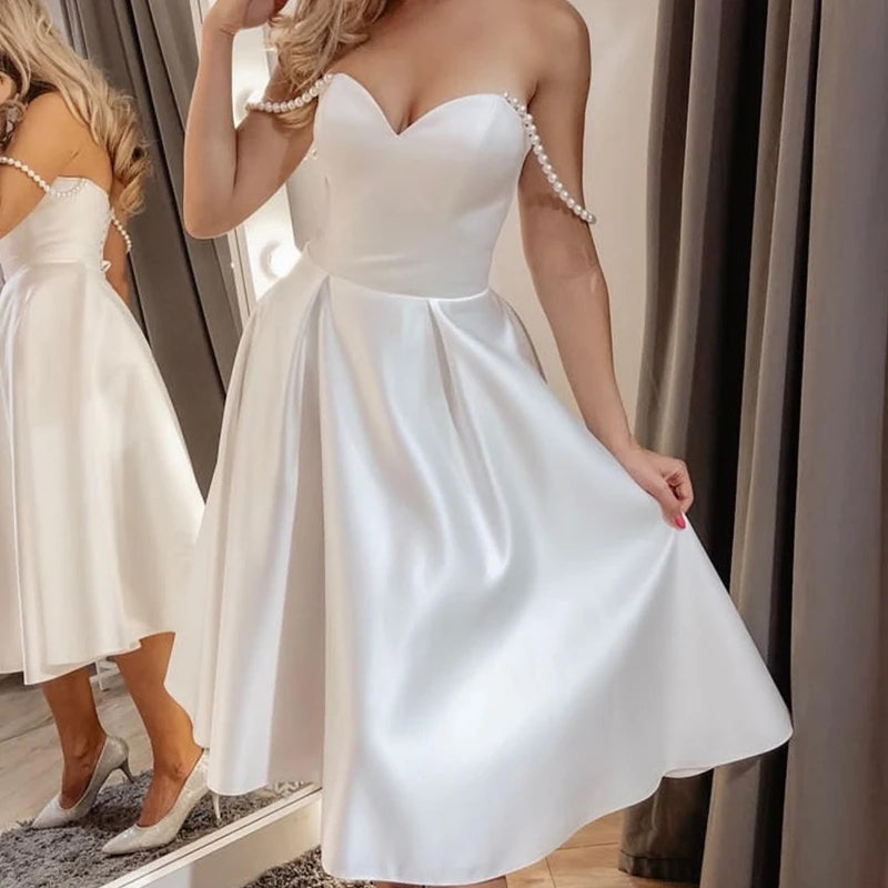 Gaun pengantin pendek sayang satin panjang lutut dari bahu gaun pengantin mengkilap sederhana untuk wanita pengantin jubah elegan de mar