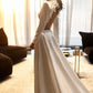 2 חתיכות שמלת כלה סאטן עם ז'קט שרוול ארוך פשוט לבן אלגנטי v פרחי צוואר שמלת שמלת כלה צד מפוצל vestido de novia