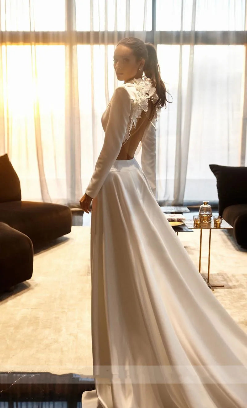 2 חתיכות שמלת כלה סאטן עם ז'קט שרוול ארוך פשוט לבן אלגנטי v פרחי צוואר שמלת שמלת כלה צד מפוצל vestido de novia