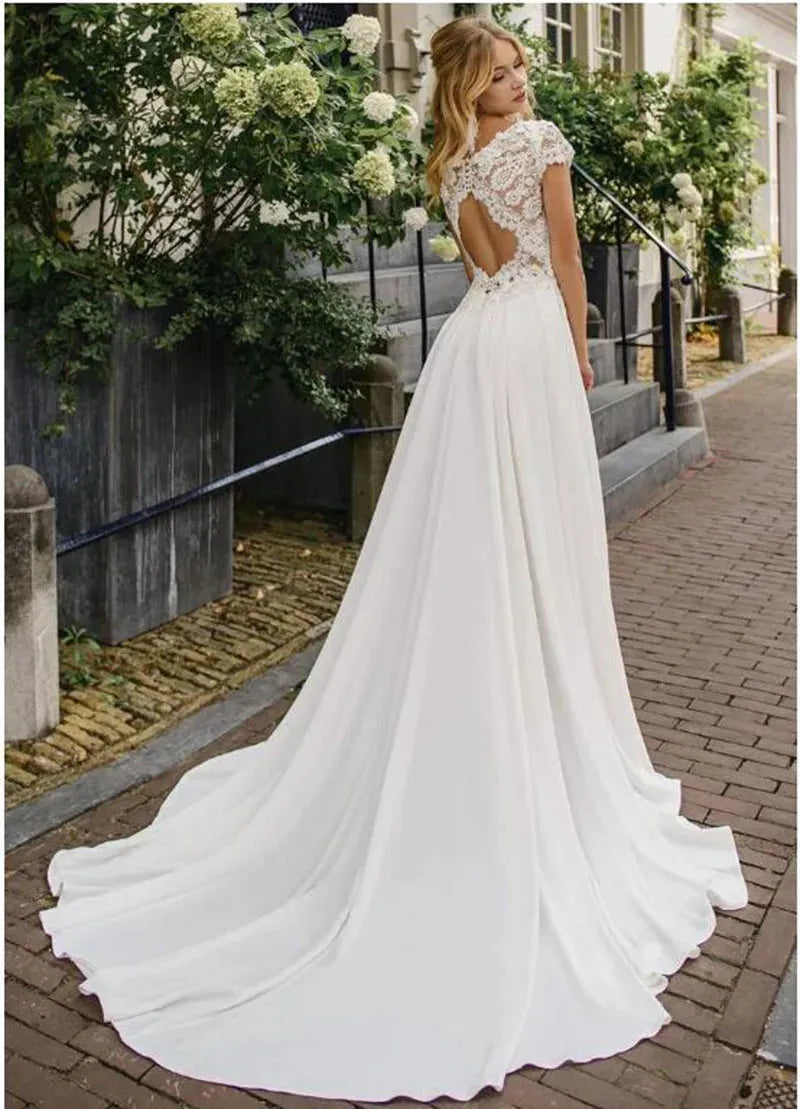 Elegant Satin Beach Wedding Dresses with Sleeves A-Line Lace Appliques Backless Boho Bridal Dress Princess Vestido De Novia 14w
