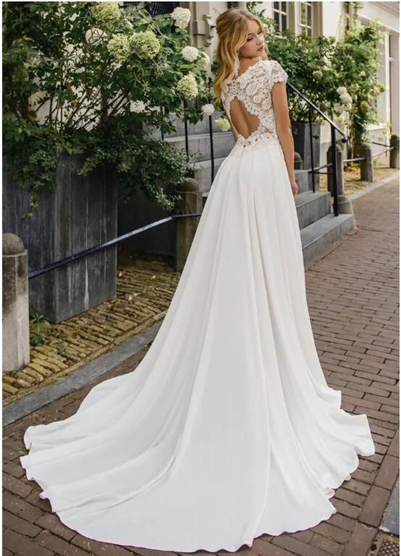 Gaun Pengantin Pantai Satin Elegan Dengan Lengan A-Line Lace Appliques Backless Backless Boho Bridal Dress Princess Vestido de Novia