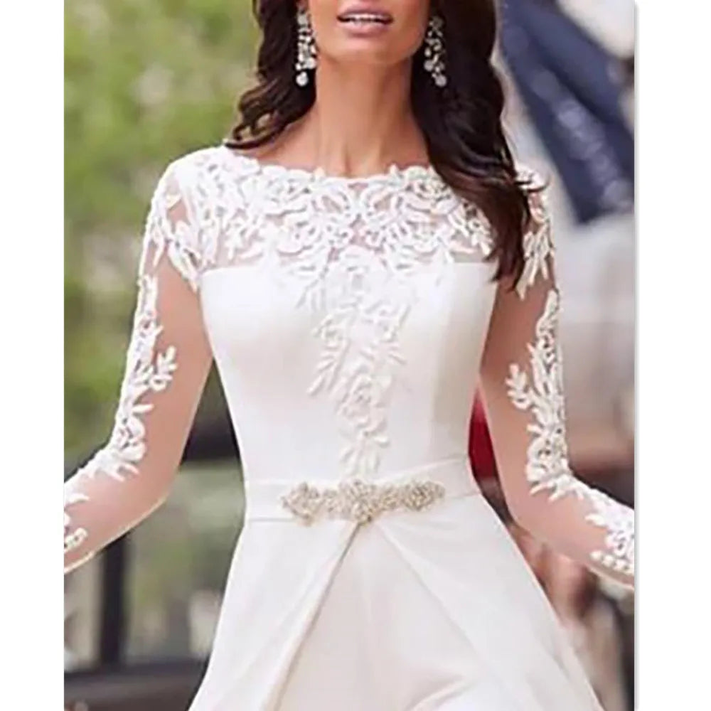 Combinaison De mariée en dentelle, avec traîne détachable, manches longues, col rond, robes De mariée blanches formelles avec perles